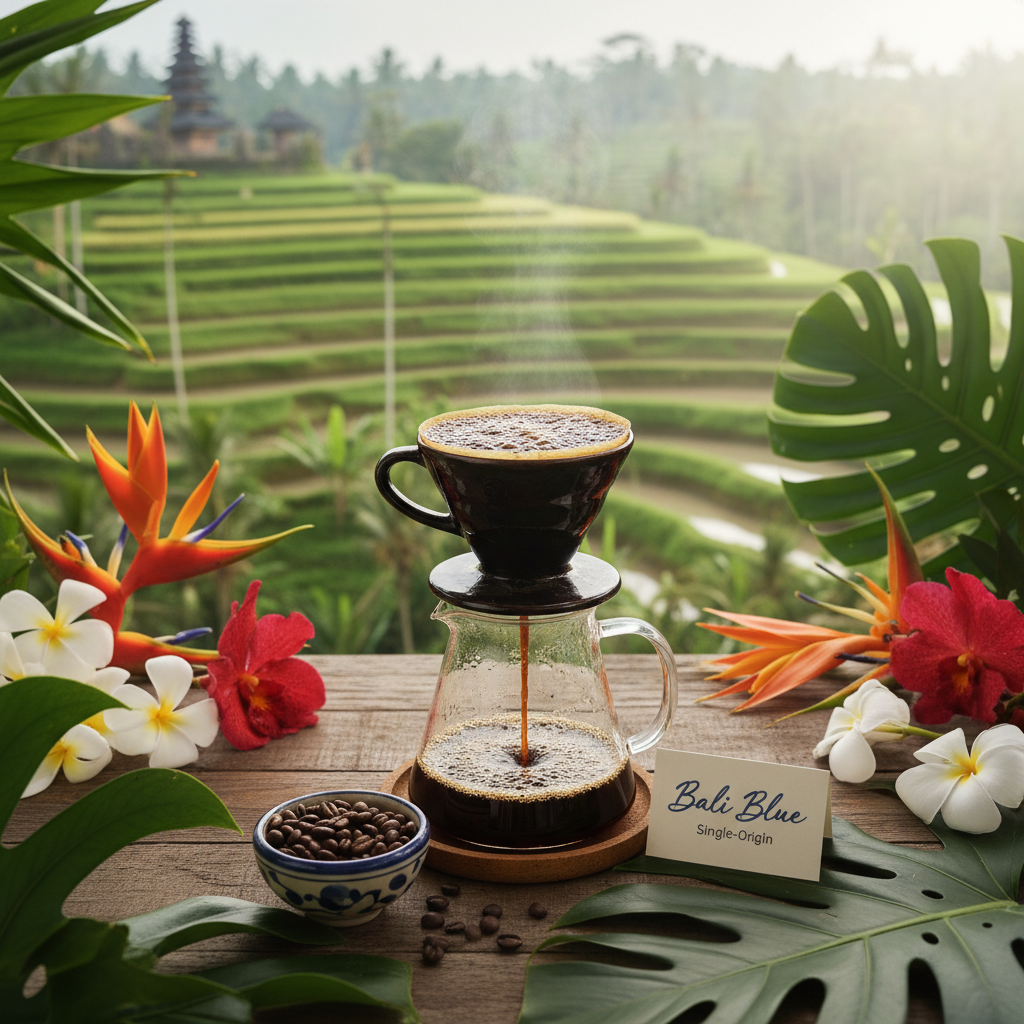 Bali Blue premium single origin coffee beans from Kintamani Bali with dark chocolate molasses brown sugar notes