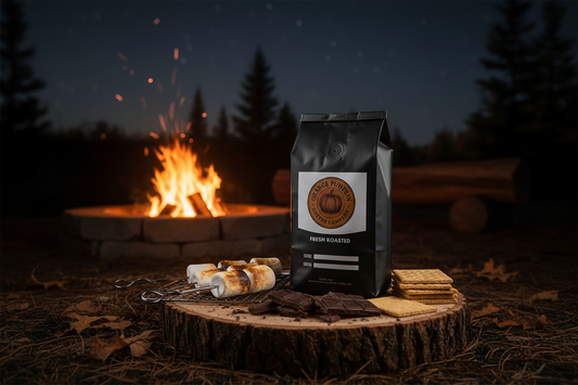 Smores medium roast coffee beans with chocolate, marshmallow, and graham cracker flavors in a fresh roast bag