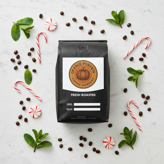 Medium roast specialty coffee beans flavored with sweet peppermint candy cane for a festive holiday cup