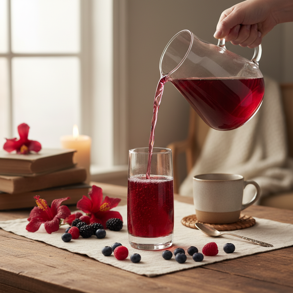 Cup of hibiscus berry tea with organic hibiscus flowers and mixed berry flavors