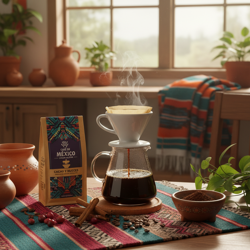 Bag of Mexico coffee beans from Chiapas and Oaxaca, medium roast with chocolate and cinnamon notes