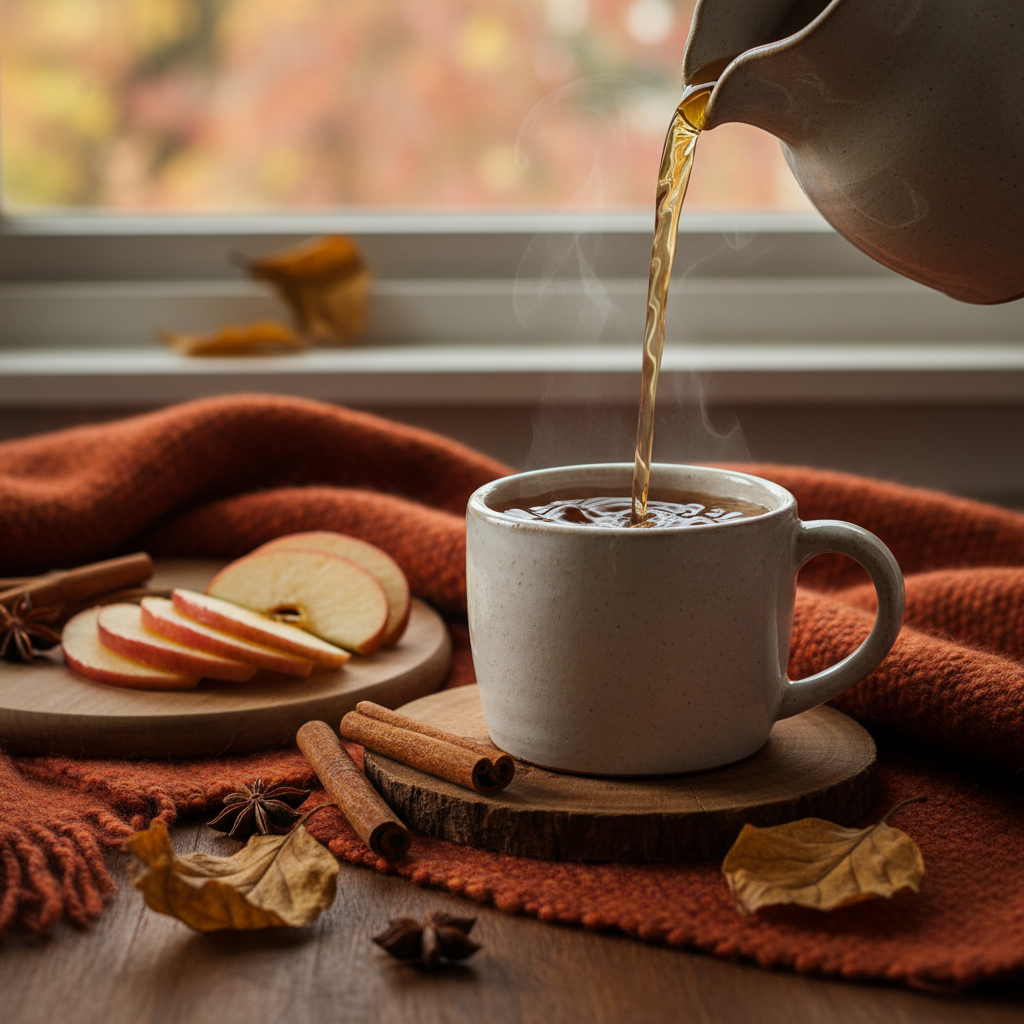Cup of Apple Cider Rooibos tea with cinnamon and orange peel on wooden table
