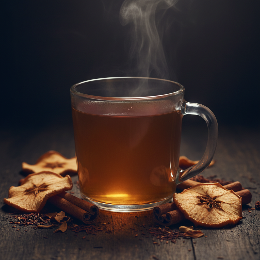 Cup of Apple Cider Rooibos tea with cinnamon and orange peel on a wooden table