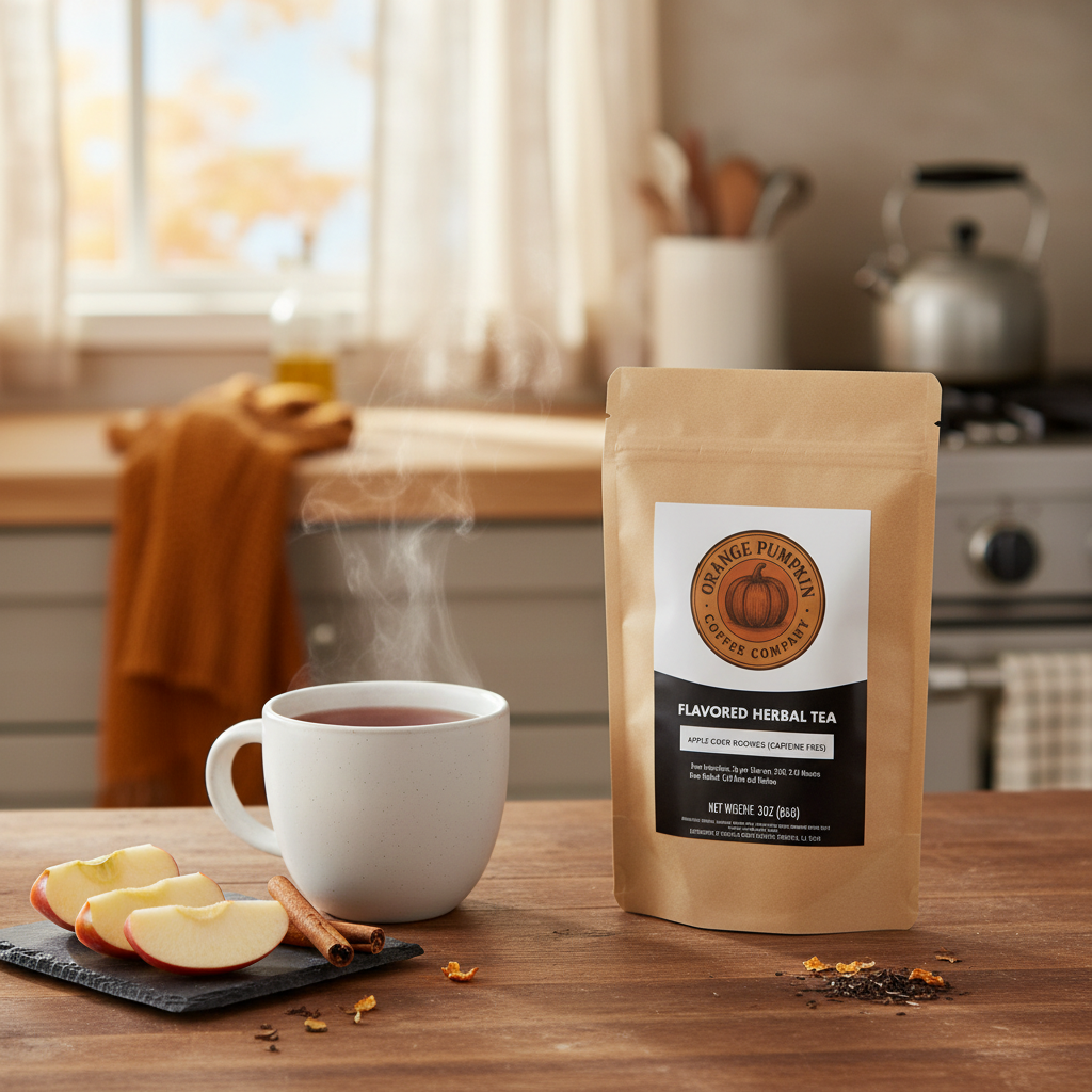 Cup of Apple Cider Rooibos tea with cinnamon and orange peel garnish on wooden table