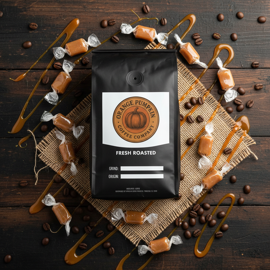 Rich caramel flavored coffee beans roasted medium with sweet buttery caramel notes