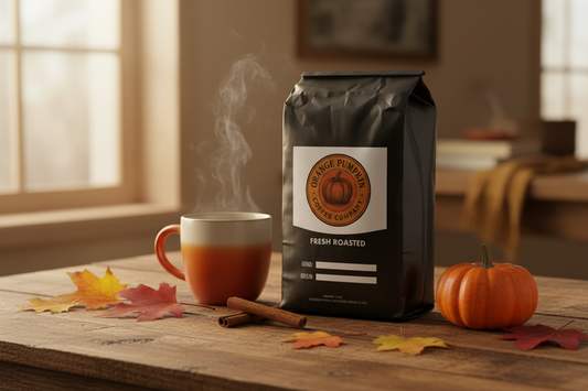 Medium roast pumpkin spice coffee beans with cinnamon and nutmeg flavors