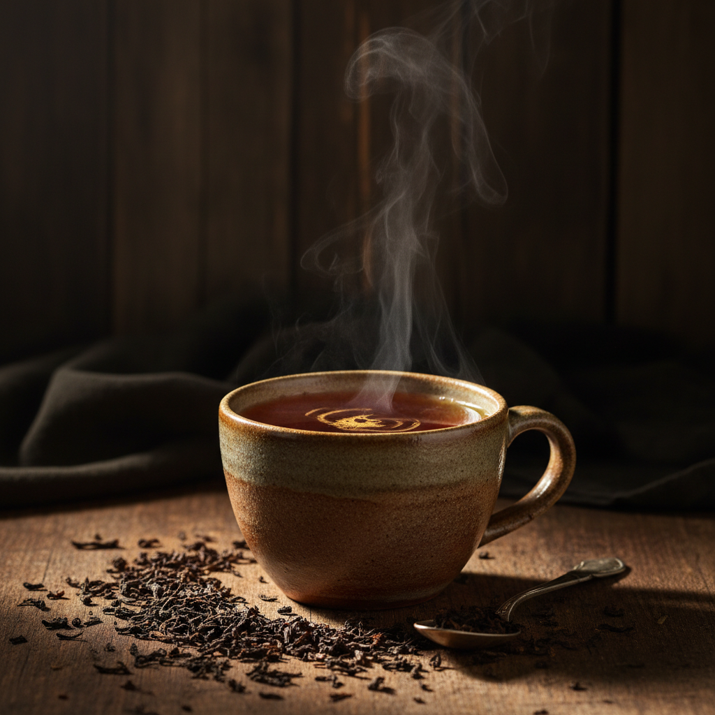Cup of English Breakfast tea with milk and sugar, rustic blend of African and Indian tea leaves