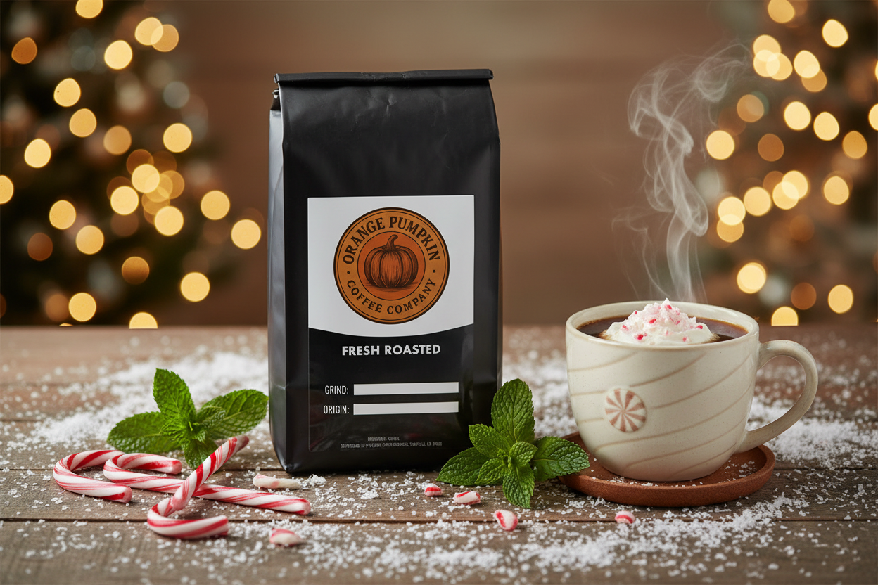 Candy Cane flavored medium roast coffee beans with cool peppermint and sweet candy cane notes