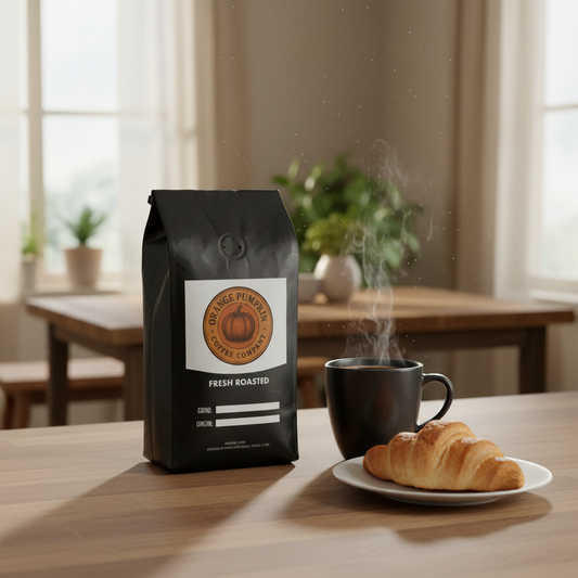Resealable bag of freshly roasted Orange Pumpkin Coffee Co. French Roast dark roast coffee beans with a smoky, bold flavor profile