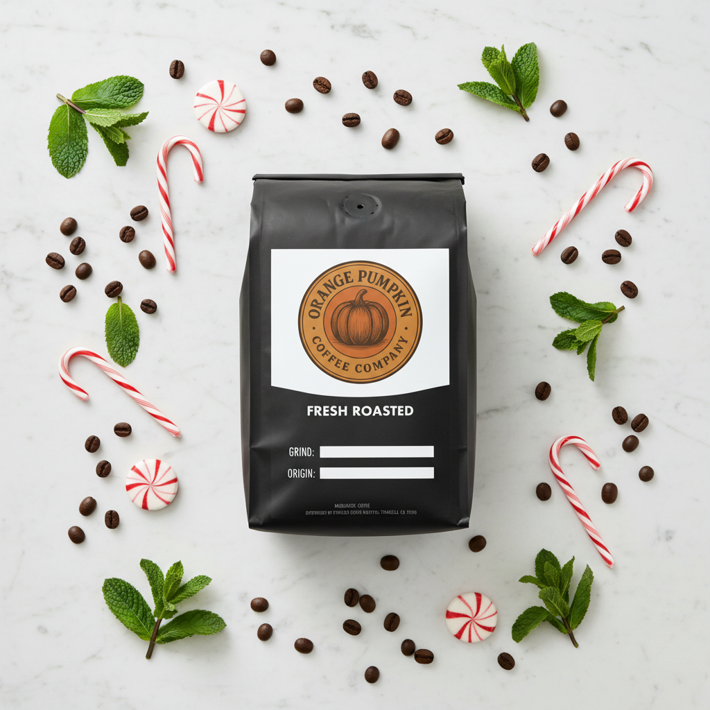 Medium roast specialty coffee beans flavored with sweet peppermint candy cane for a festive holiday cup