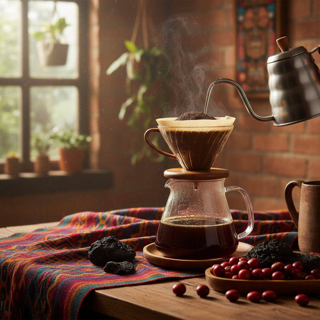Medium roast Guatemala coffee beans from Antigua with dark chocolate, bright fruit, and butterscotch notes
