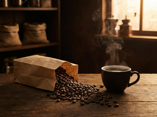 6 Bean Blend dark roast specialty coffee beans for espresso and drip brew