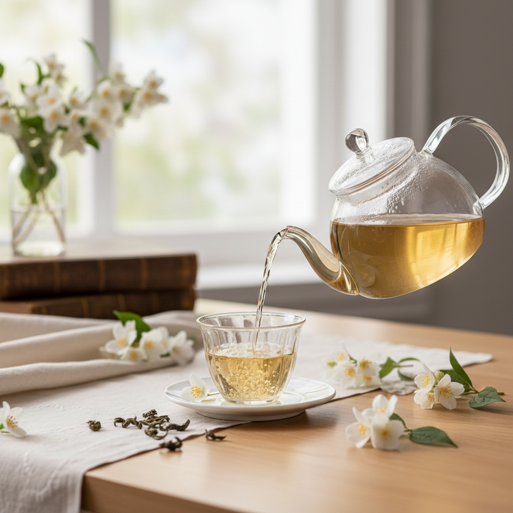 Close-up of fresh jasmine blossoms mixed with green tea leaves for a smooth, medium-bodied brew