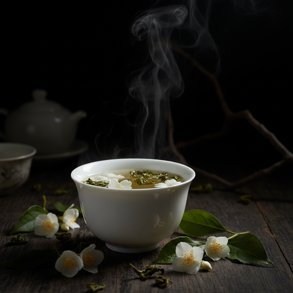 Close-up of fresh jasmine blossoms intertwined with green tea leaves for a smooth, medium-bodied blend