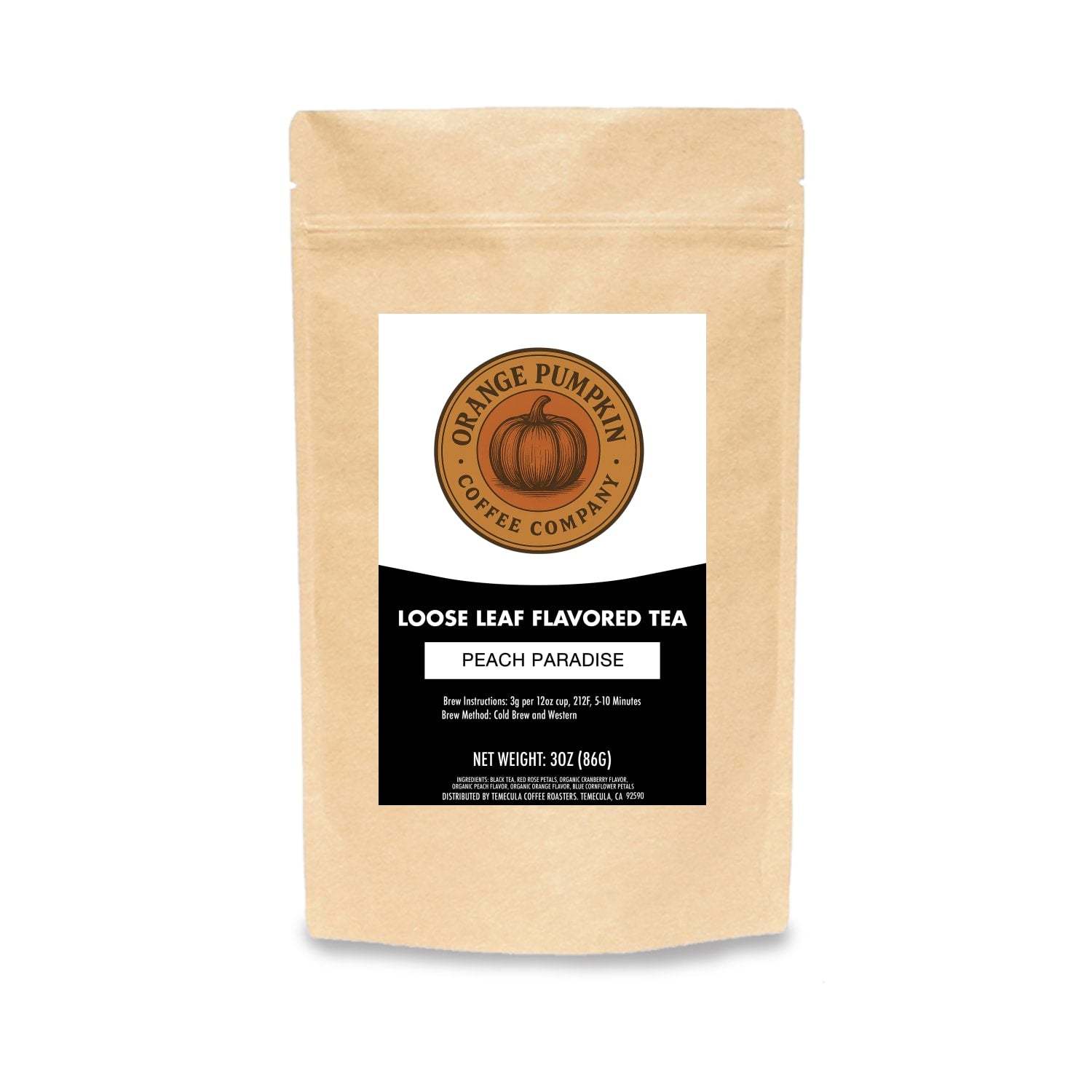 Peach Paradise herbal tea blend with peach, cranberry, and rose leaves in a cup