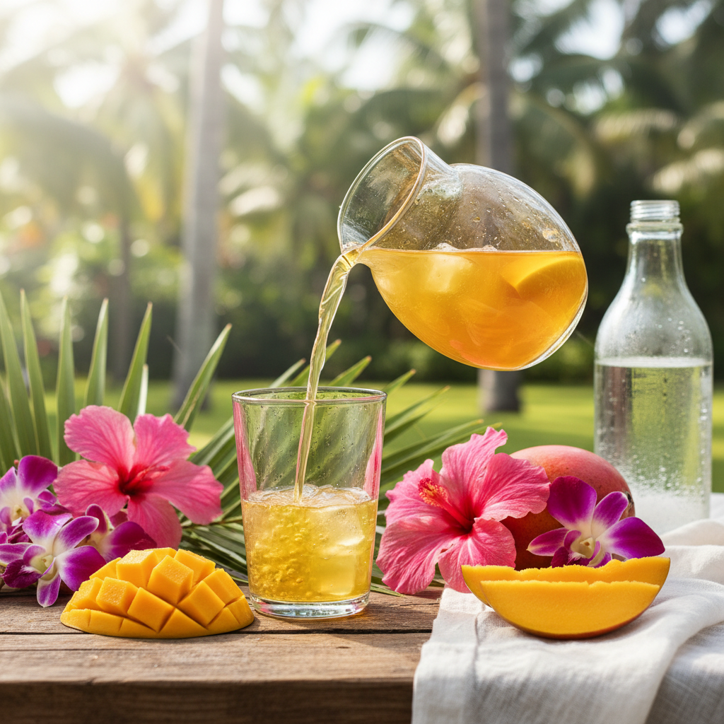 Refreshing Mango Treat tea with a hint of mango, served hot or iced