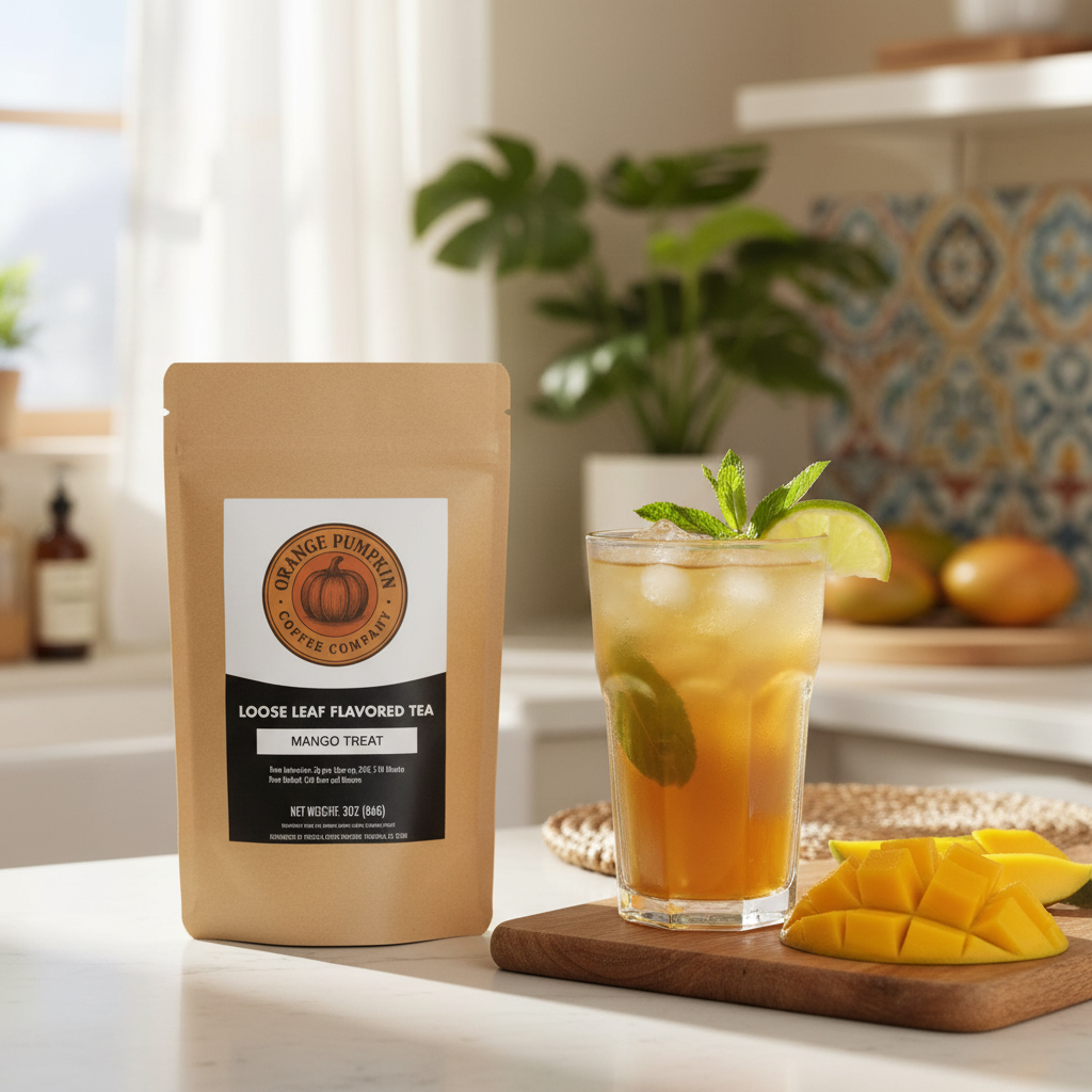 Refreshing Mango Treat tea with mango flavor in hot and iced options