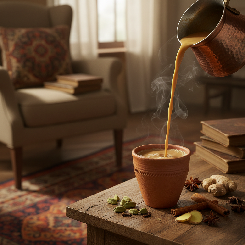 Steaming cup of bold and spicy Indian Masala Chai with aromatic spices