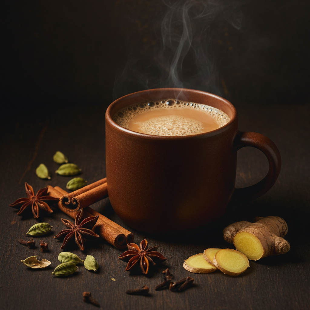 Aromatic and bold Masala Chai in a traditional cup with milk and spices