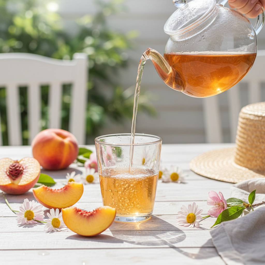 Peach Paradise herbal tea with peach, cranberry, and rose blend in a cup