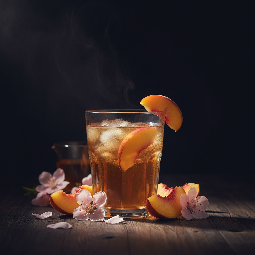 Cup of Peach Paradise herbal tea with peach, cranberry, and rose notes