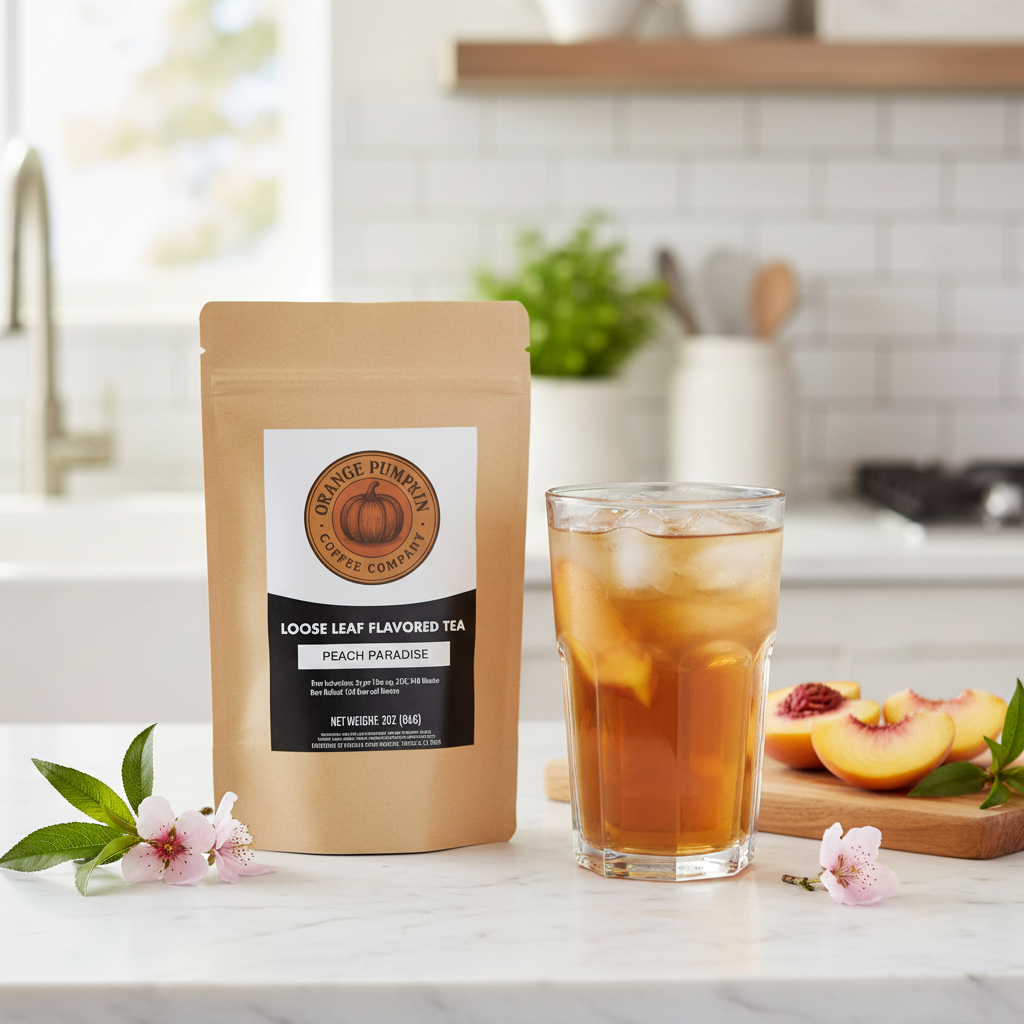 Peach Paradise herbal tea blend with peach, cranberry, and rose notes in a cup