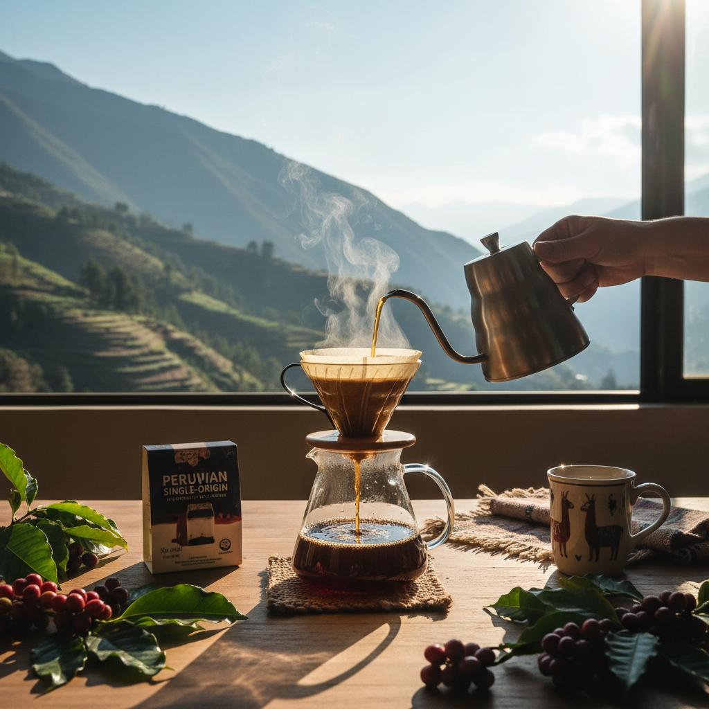 Bag of single origin coffee beans from Peru with medium roast and salted caramel notes
