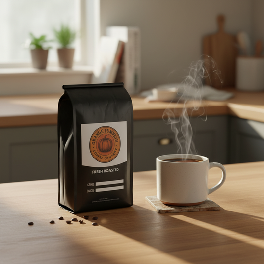 Package of Peruvian single origin coffee beans from Piura and Amazonas, medium roast with salted caramel and citrus notes