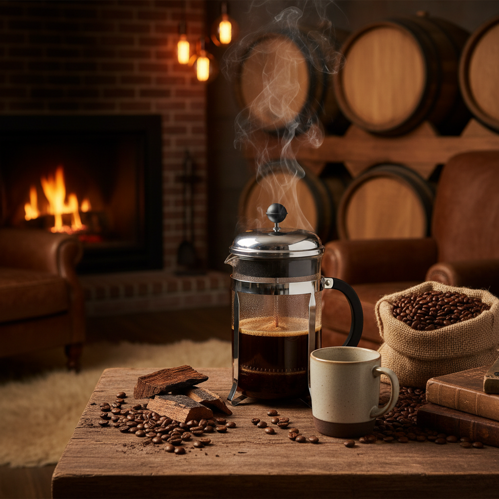 Whiskey Barrel Aged medium roast coffee with whiskey, oak, and vanilla notes in a bourbon barrel aged single origin Guatemala coffee beans