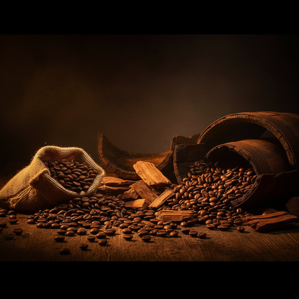 Whiskey barrel aged medium roast coffee beans with whiskey, oak, and vanilla notes